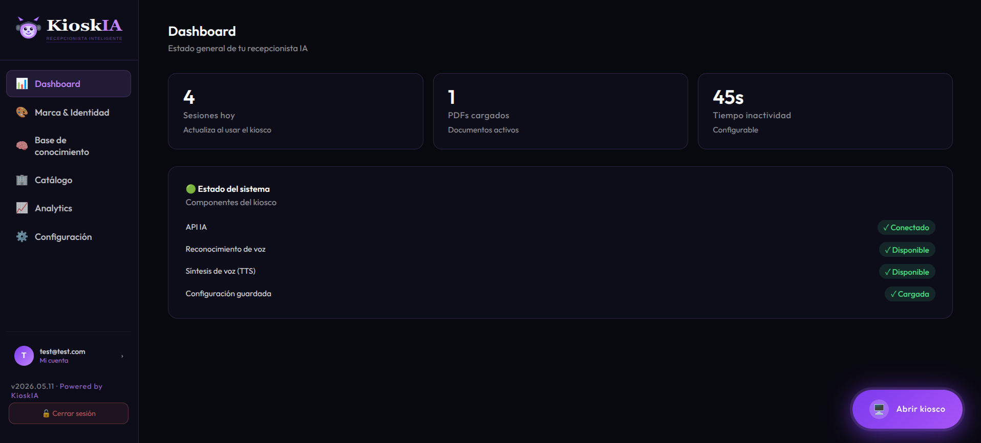 Dashboard del backoffice KioskIA — vista de sesiones y estadísticas