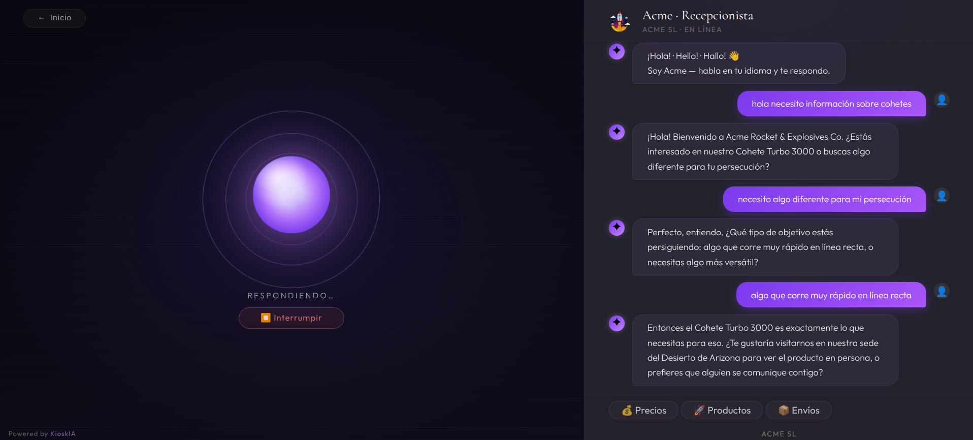 Pantalla de conversación activa del kiosk KioskIA